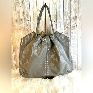 Michael Kors Large Drawstring Metallic Grey Pebbled Leather, Studded Tote EUC​​